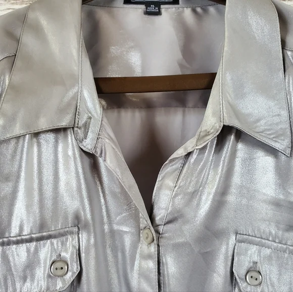 Y2K Notations Metallic Silver Shimmer Button-Front Blouse with Roll-Tab Sleeves - Picture 5 of 15
